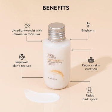 The Face Shop Rice & Ceramide Moisturizer Emulsion | Barrier Repair Cream | Locks Moisture For 12 Hours,For Soft & Glowing Skin | Korean Skin Care for all skin types (70ml)